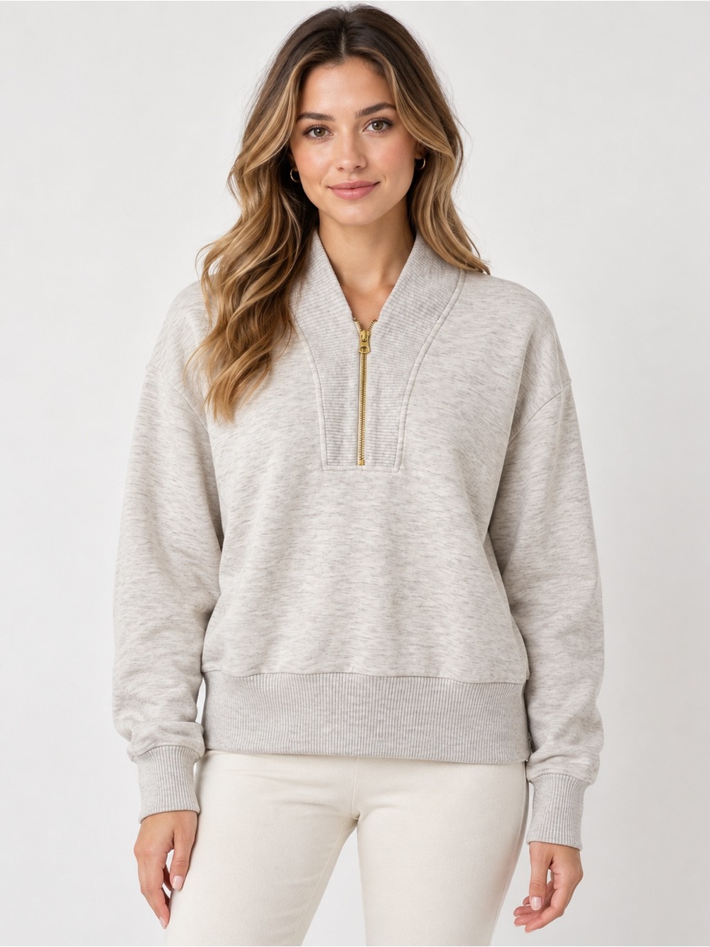 VARLEY Sally Half Zip Sweat DoubleSoft Pullover | Heather Gray | Gold Zip | XS